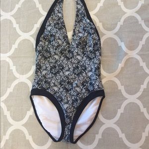 Spiegel One Piece Black & White Floral Suit Sz 10